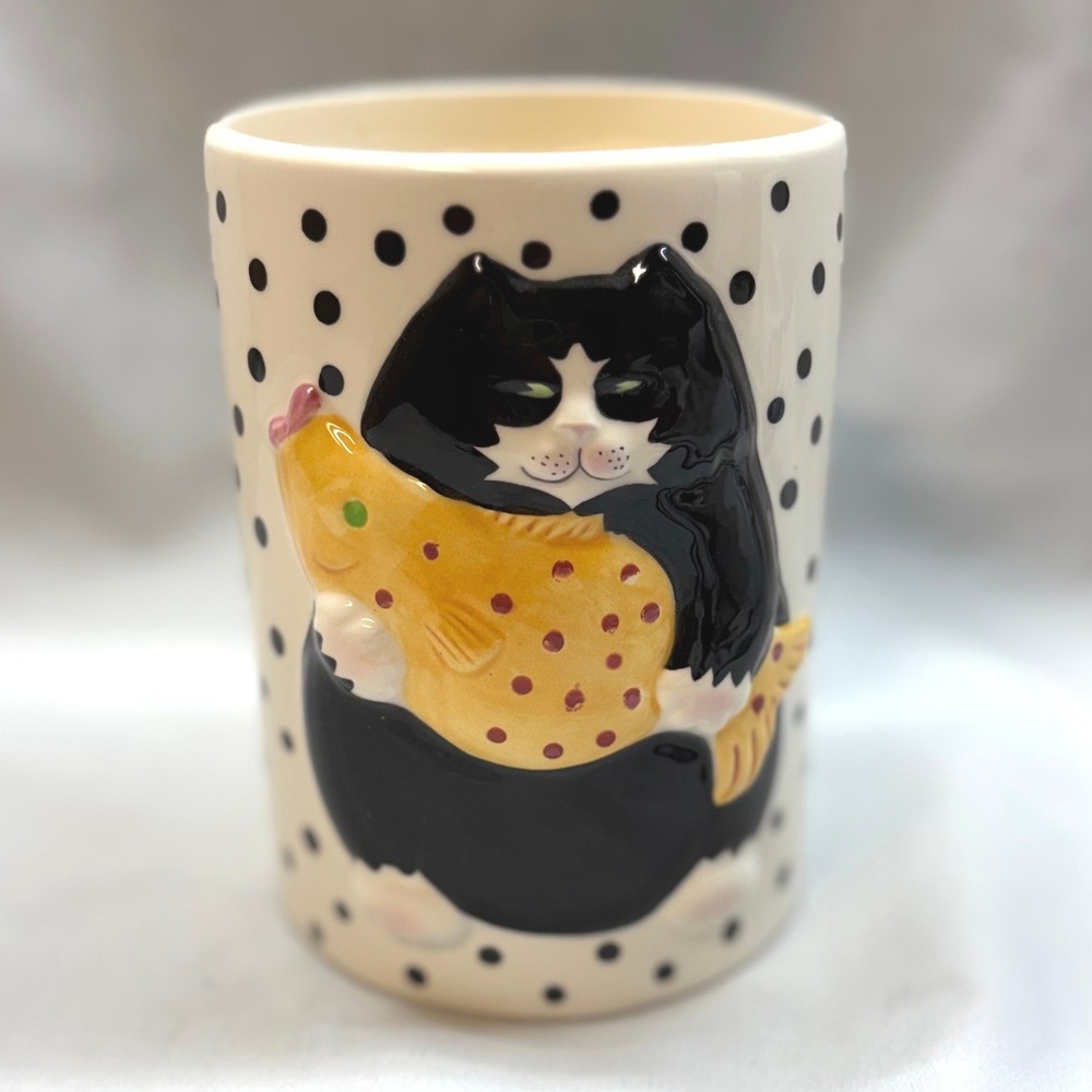 Clay Art Catfish Series Vase Tuxedo Cat 6" Cream Black Good 1990 Polka Dot